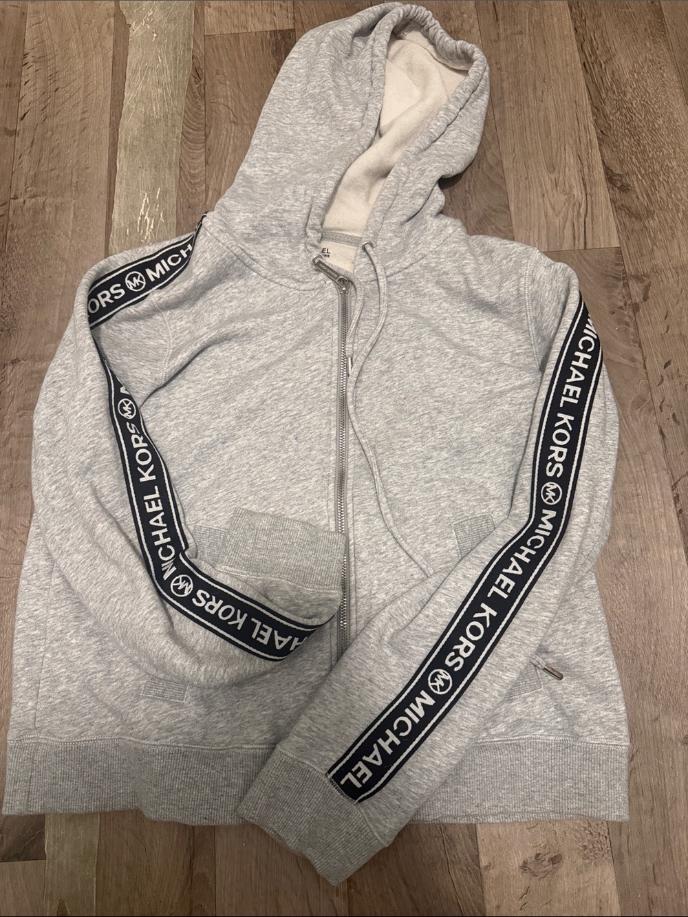 Michael Kors Light Gray Zip-Up Hoodie with Logo Sleeve Tape